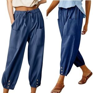 New Oversized High Waist Button Detail Linen Loose 3/4 Wide Leg Pants Blue Sz 1X